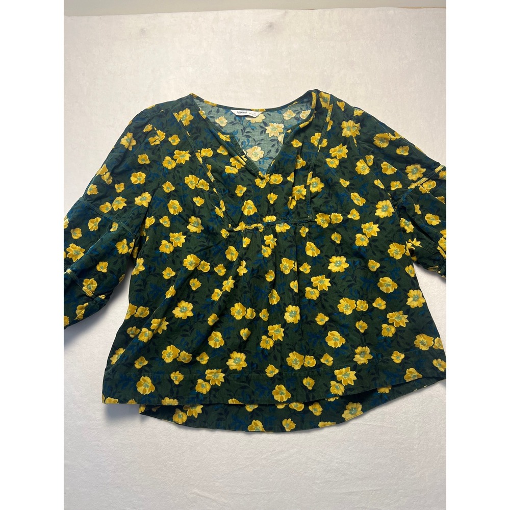 Sonoma 4X Blouse Boho Floral Green Corduroy V-Neck Empire Waist Top
